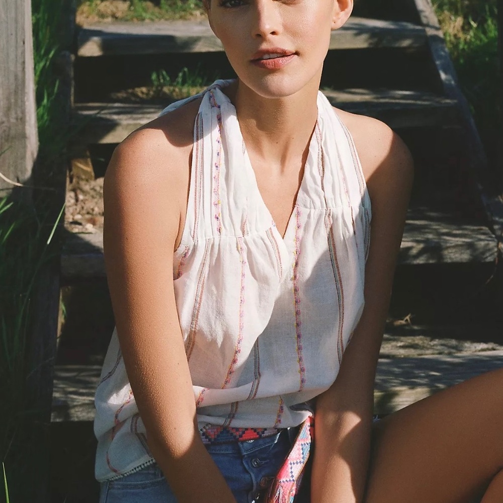 Anthropologie Embroidered Tie Back Halter Top Size L Gathered Neck Cotton Blend
